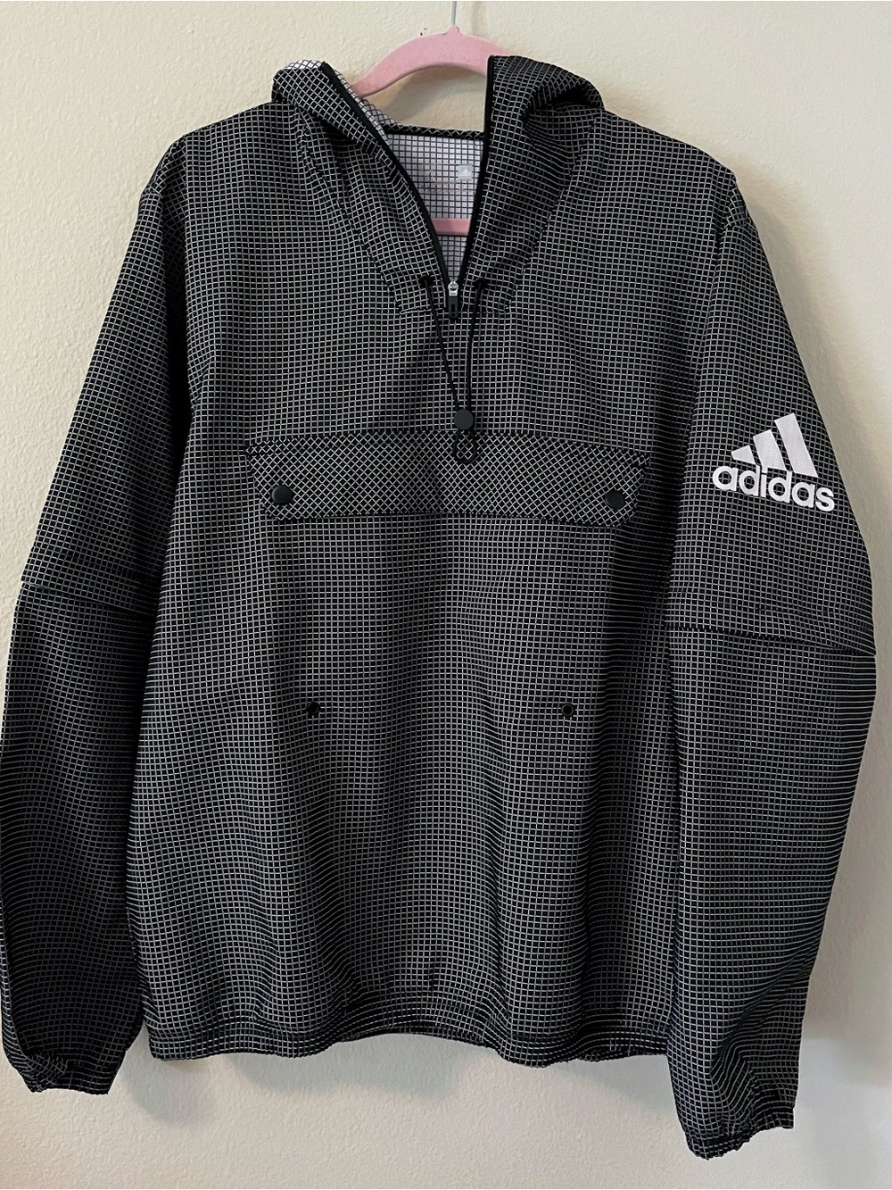adidas Black & White Grid Print Hooded Packable Windbreaker Jacket Mens size m